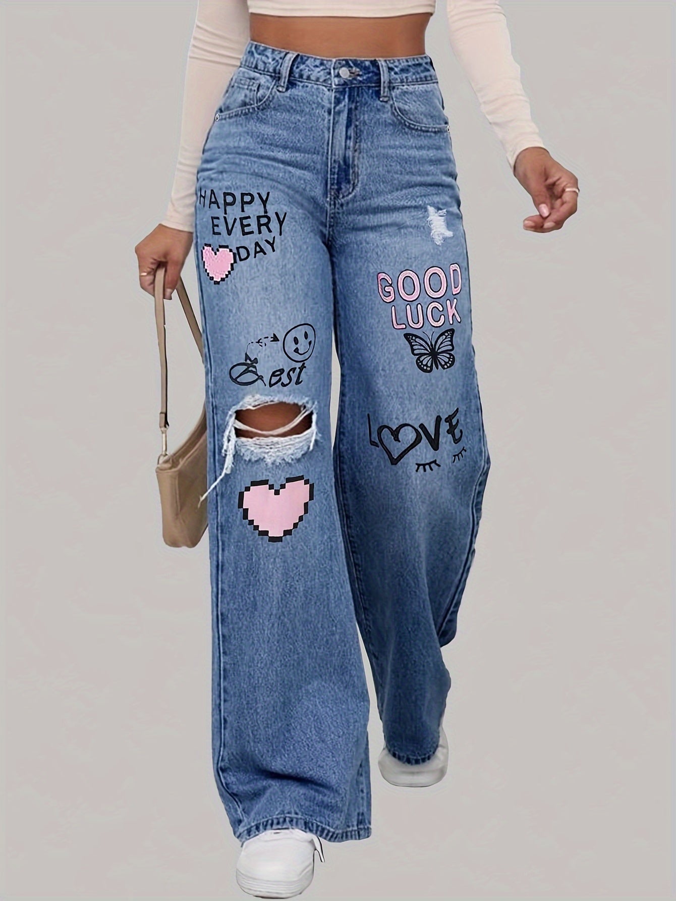 Weit geschnittene Jeans mit Herz- & Graffiti-Print – Trendige Streetstyle-Denim