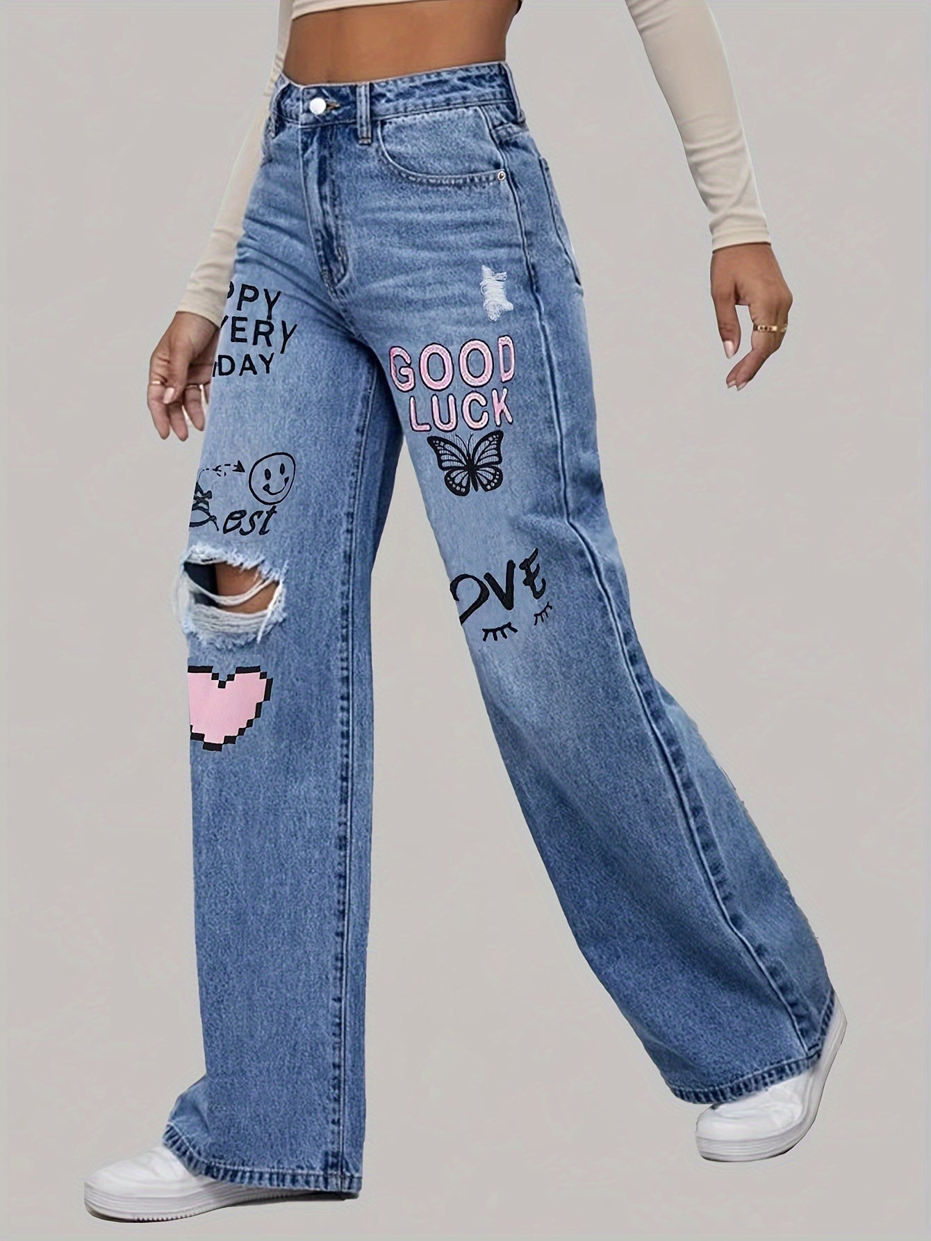 Weit geschnittene Jeans mit Herz- & Graffiti-Print – Trendige Streetstyle-Denim