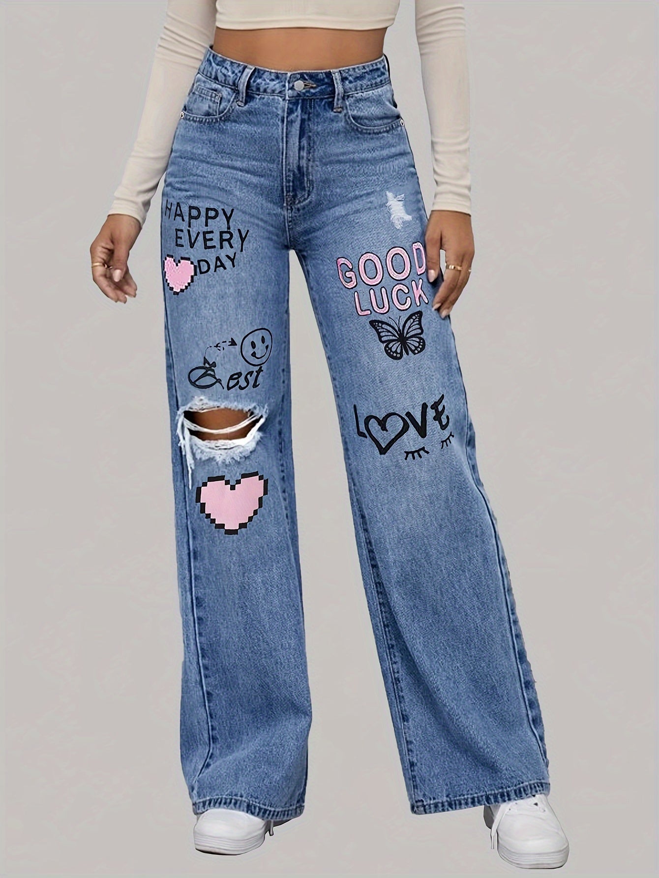 Weit geschnittene Jeans mit Herz- & Graffiti-Print – Trendige Streetstyle-Denim