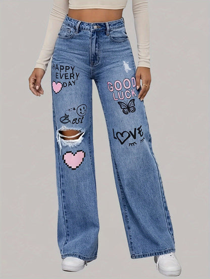Weit geschnittene Jeans mit Herz- & Graffiti-Print – Trendige Streetstyle-Denim