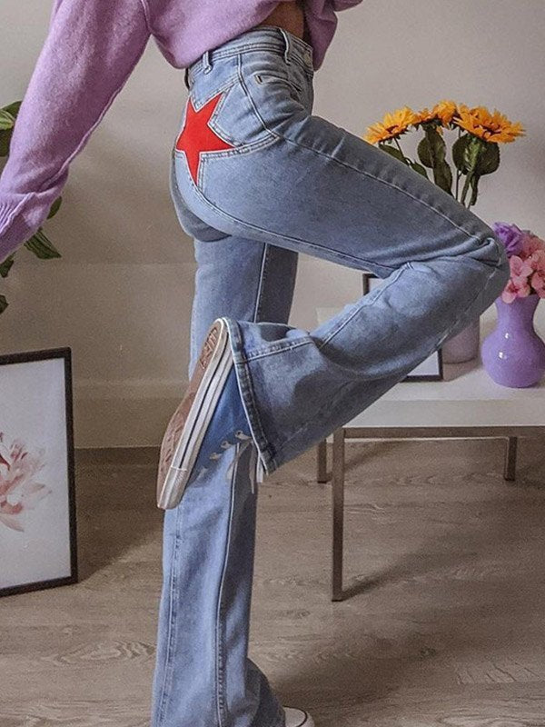Flared Jeans mit Stern-Applikation – Hoher Bund & Vintage-Stil für Trend-Looks