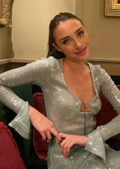 Maya | Spitze Front Langen Ärmeln Mintgrünes Glitzer Kleid Damen