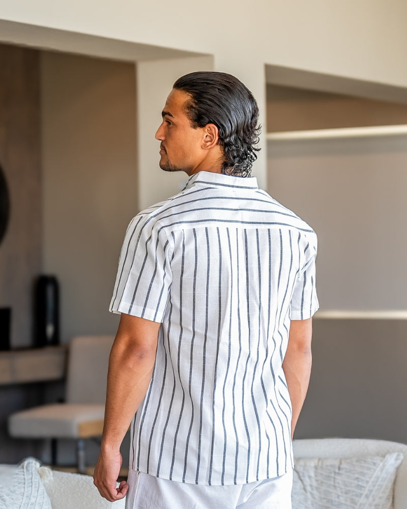 Charles | Gestreiftes Herren-Sommer Leinenhemd mit Stehkragen