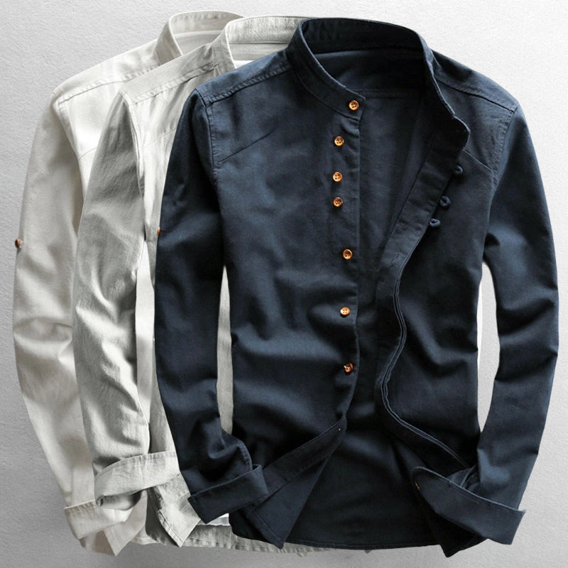 Elegantes Herrenhemd mit Stehkragen und modischer Knopfleiste – Stilvolle Langarmbluse für moderne Outfits