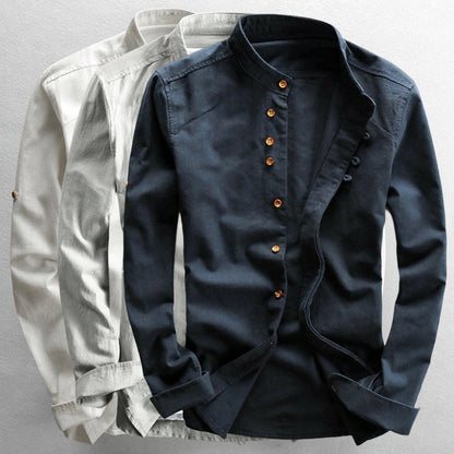 Elegantes Herrenhemd mit Stehkragen und modischer Knopfleiste – Stilvolle Langarmbluse für moderne Outfits
