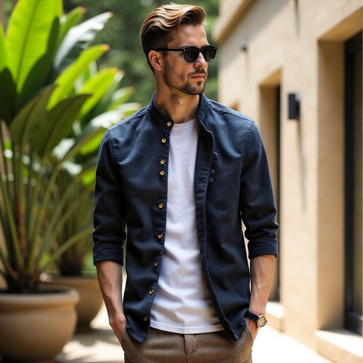 Elegantes Herrenhemd mit Stehkragen und modischer Knopfleiste – Stilvolle Langarmbluse für moderne Outfits