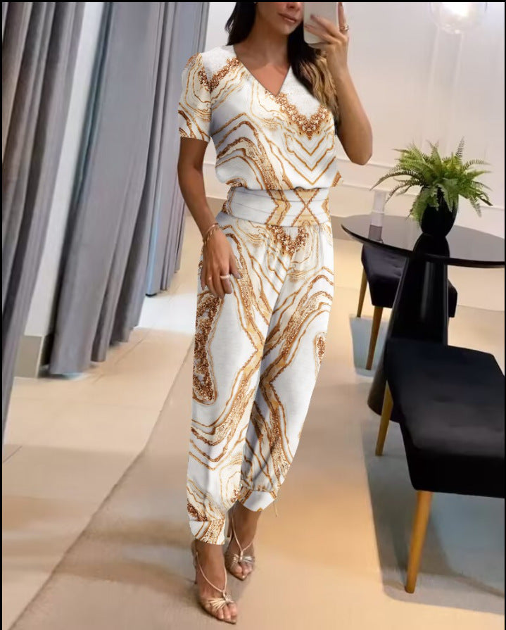 Damen Sommer Zweiteiler mit modernem Print und V-Ausschnitt