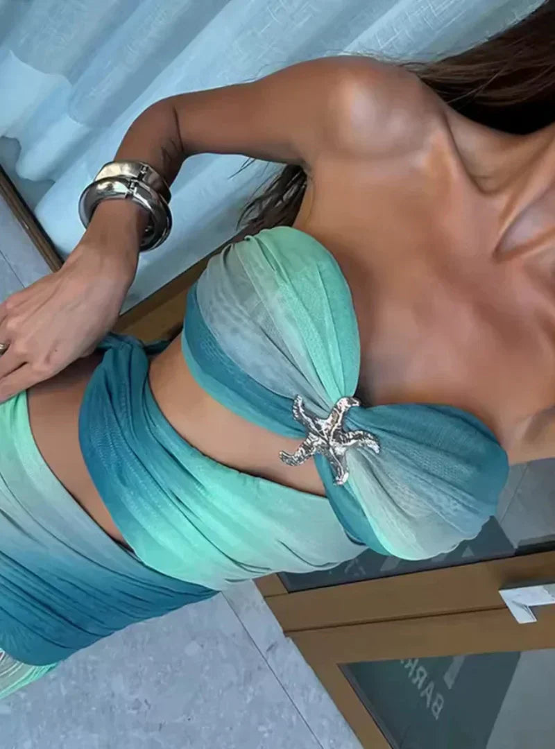 Maxi Sommerkleid mit Cut-Outs & Bandeau-Top – Farbverlauf Rot-Orange