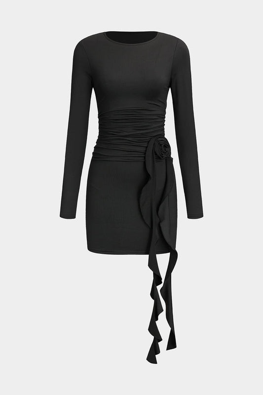 Valeria | Elegantes Schwarzes Langärmliges Minikleid – Figurbetonte Passform mit Drapierung & Rosendetail
