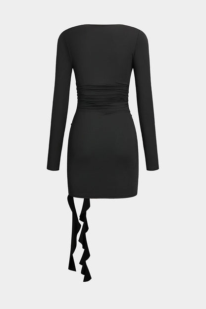 Valeria | Elegantes Schwarzes Langärmliges Minikleid – Figurbetonte Passform mit Drapierung & Rosendetail