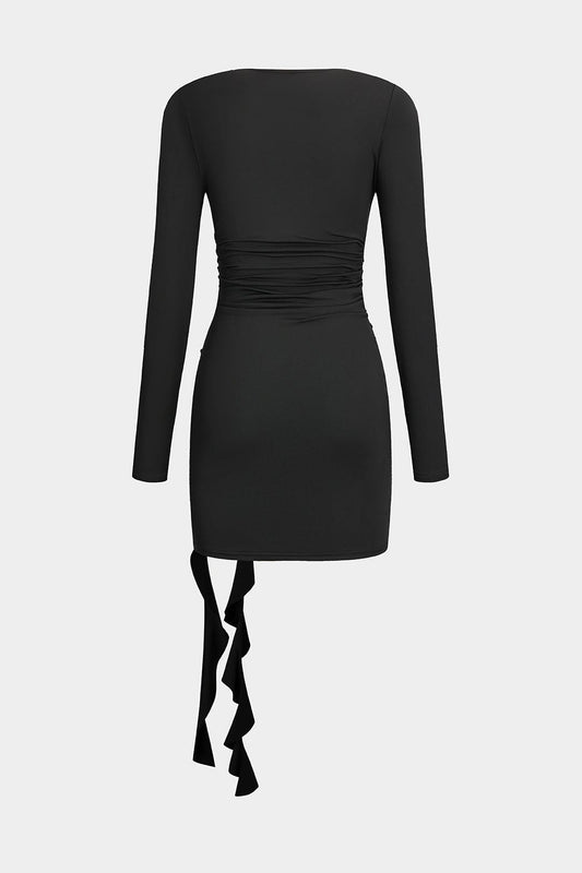 Valeria | Elegantes Schwarzes Langärmliges Minikleid – Figurbetonte Passform mit Drapierung & Rosendetail