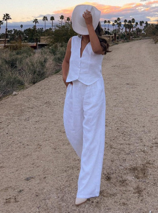 Mara | Elegantes Leinen-Set mit Weste & Weitbein-Hose