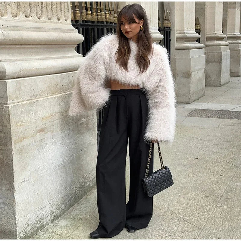 Cropped Kunstfell Pullover mit weiten Ärmeln für Damen