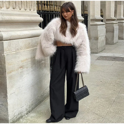 Cropped Kunstfell Pullover mit weiten Ärmeln für Damen