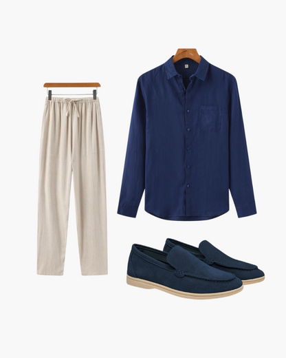 Nicholas | 3-teiliges Old Money Sommer-Outfit mit Leinenhemd, hose & Wildleder-Loafer