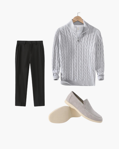 Hunter | 3-teiliges Set Grau Zopfmuster Half Zip pullover mit hose & Wildleder-Loafer