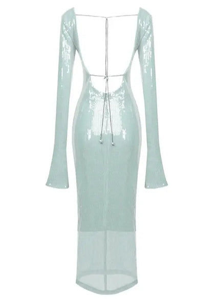 Maya | Spitze Front Langen Ärmeln Mintgrünes Glitzer Kleid Damen