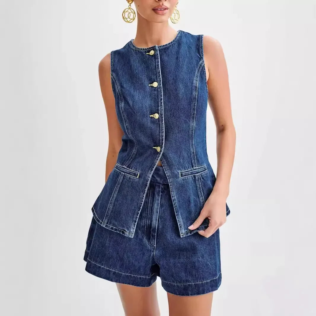 Elena | Stylisches Denim-Zweiteiler-Set mit Weste & Shorts