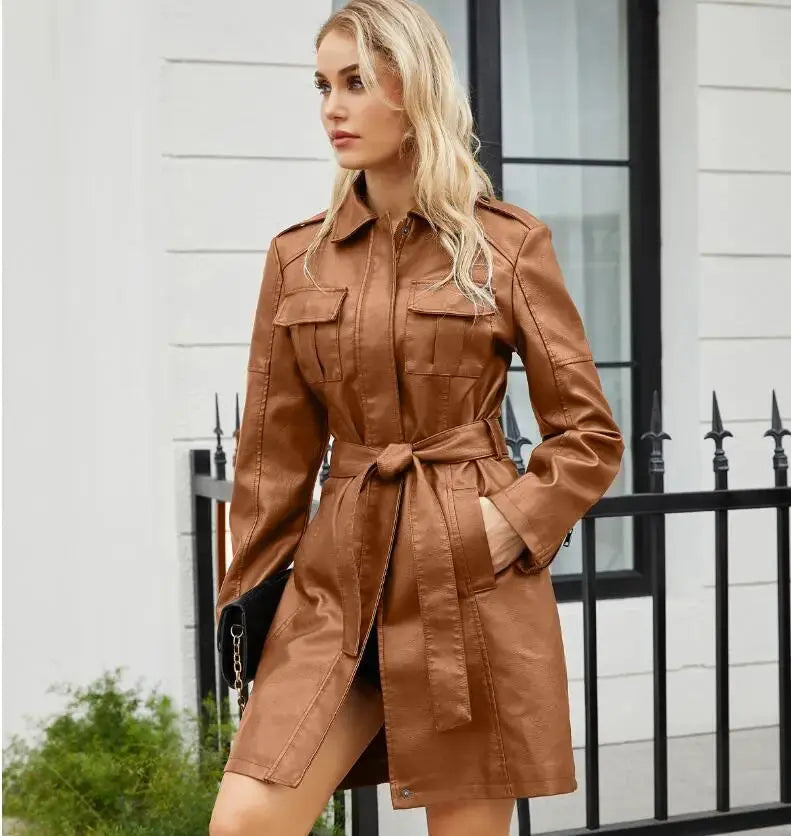 Jane | Krawatte Taille Lange Ärmel Kunstleder Hemdkleid