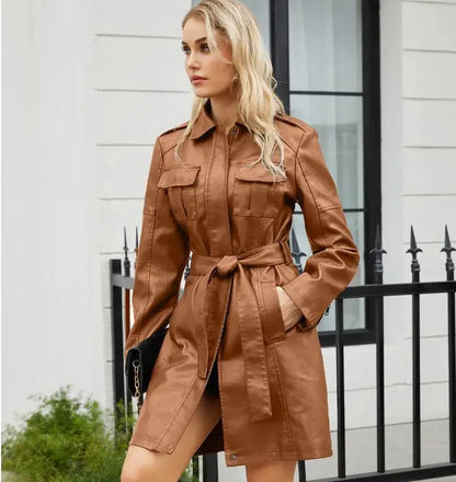 Jane | Krawatte Taille Lange Ärmel Kunstleder Hemdkleid