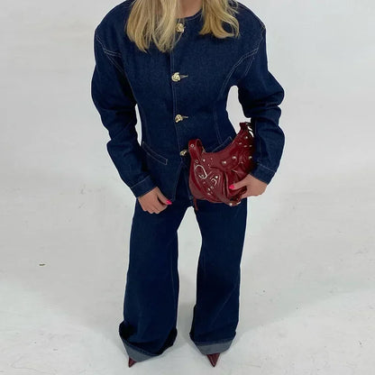 Damen-Denim-Set – Elegantes Tailliertes Jeansjacke & High-Waist Wide-Leg Hose