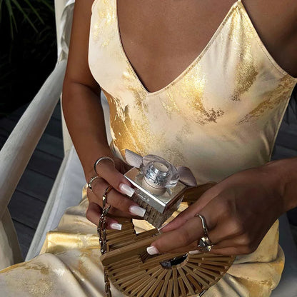 Abendkleid mit Spaghettiträgern und gold-schimmerndem Rock für Damen