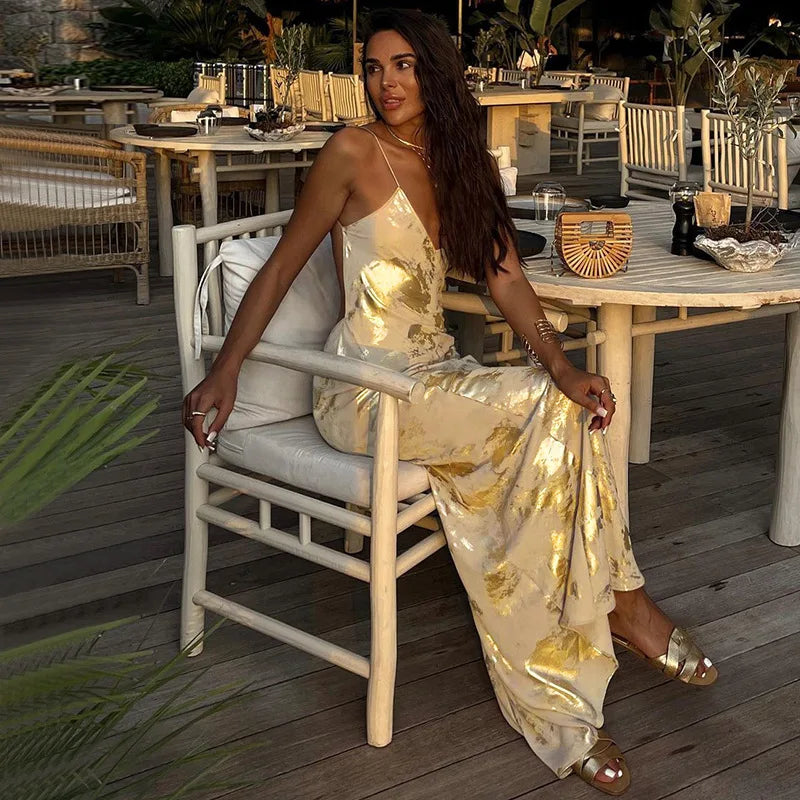 Abendkleid mit Spaghettiträgern und gold-schimmerndem Rock für Damen
