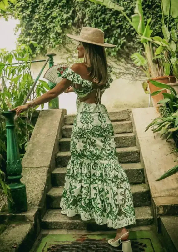 Diva | Gemustertes Maxi Kleid Sommer mit Volants & Rückenausschnitt