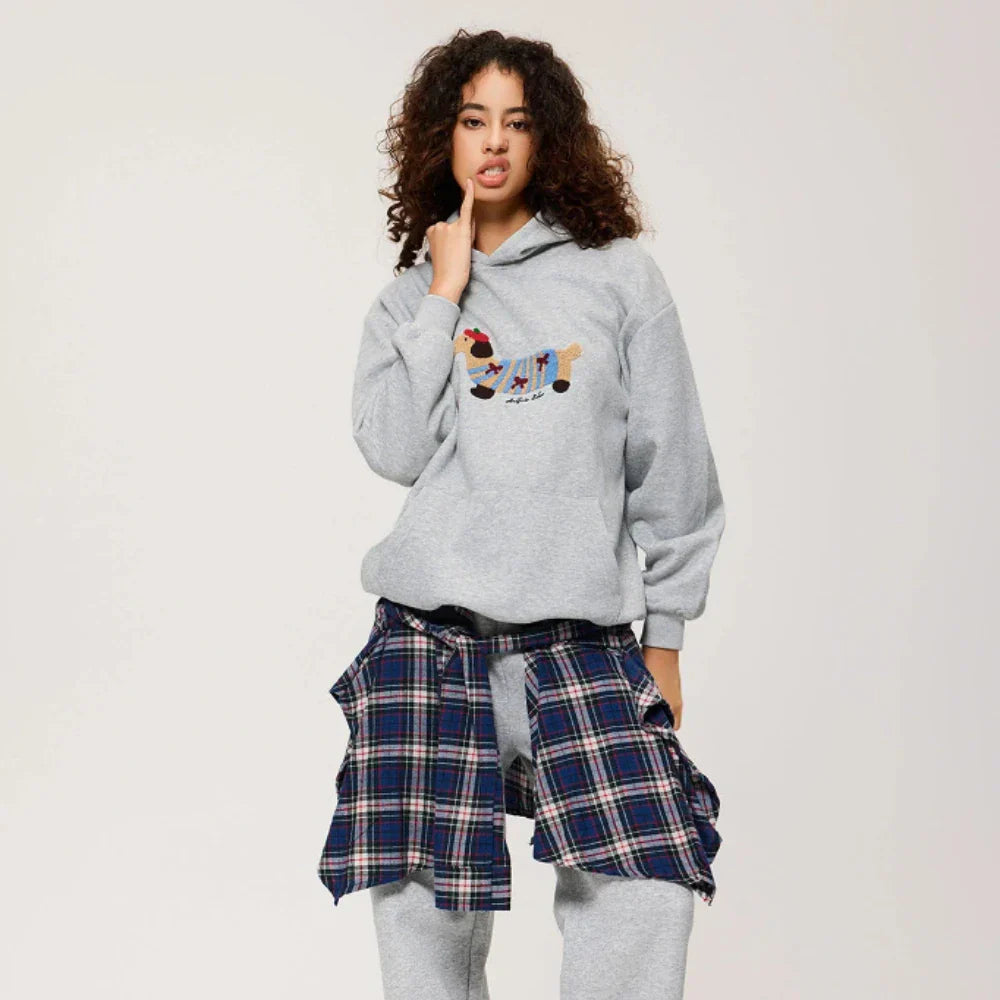 Unisex Oversize Hoodie mit Dackel-Stickerei und Kängurutasche