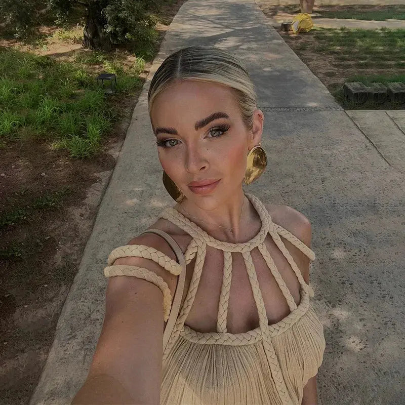 Lena | Boho Maxikleid mit Drapierung & dekorativem Trägerdesign