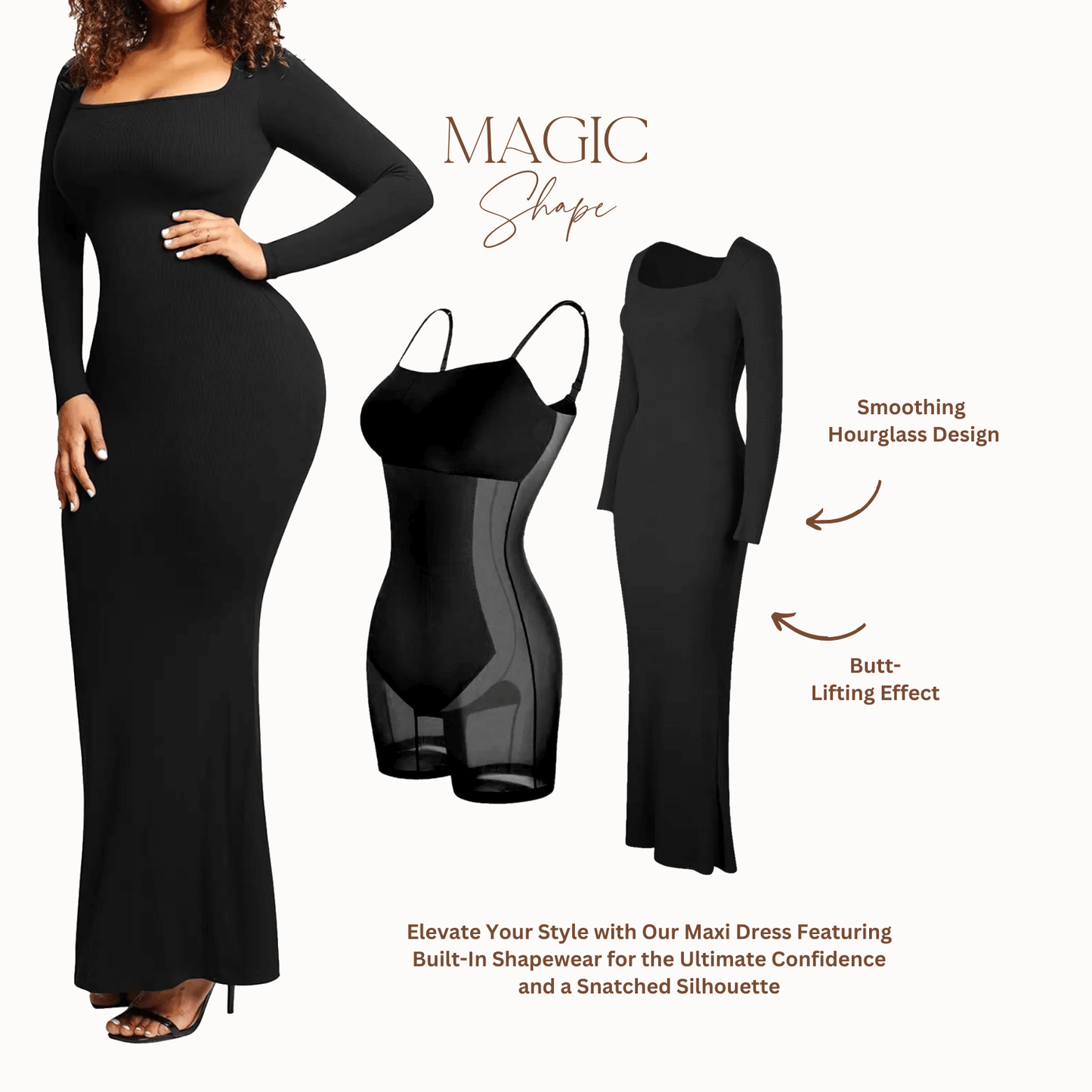 Magic Shape | Schwarzes Bodycon-Maxikleid mit Langarm