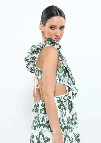 Diva | Gemustertes Maxi Kleid Sommer mit Volants & Rückenausschnitt