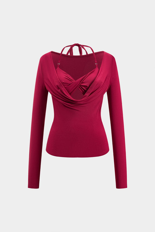 Dakota | Verführerisches Langarm-Top mit drapiertem Ausschnitt und integriertem Neckholder-Bralette