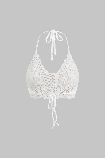 Nora | Weiß Handgehäkeltes Boho-Crop-Top mit Neckholder & verstellbaren Bindebändern
