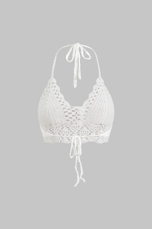 Nora | Weiß Handgehäkeltes Boho-Crop-Top mit Neckholder & verstellbaren Bindebändern