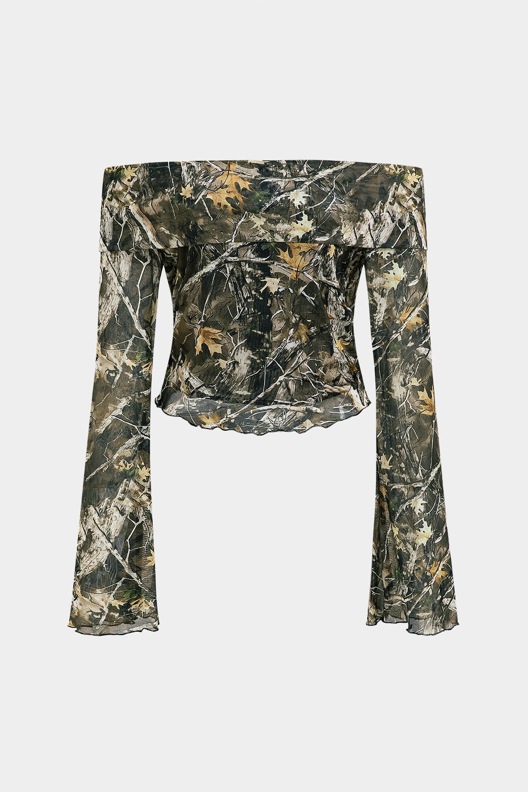 Anna | Off-Shoulder Mesh-Top mit Camouflage-Print & Trompetenärmeln