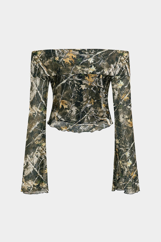 Anna | Off-Shoulder Mesh-Top mit Camouflage-Print & Trompetenärmeln