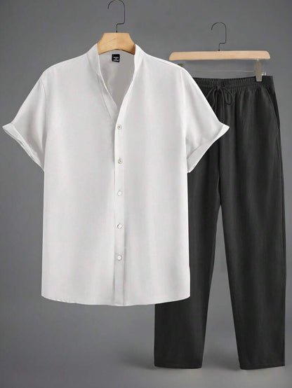Minimalistisches Herren-Set | Kurzarmhemd mit Stehkragen & Hose