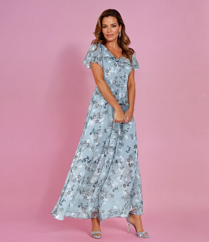 Chiffon Maxikleid mit V-Ausschnitt & floralem Muster – Elegant & Luftig