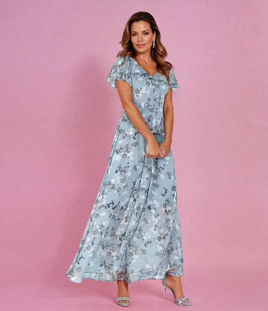 Chiffon Maxikleid mit V-Ausschnitt & floralem Muster – Elegant & Luftig