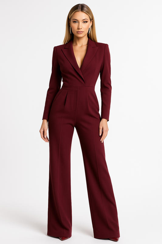 Eleganter Jumpsuit mit Langem Ärmel und Wickeloptik – Feminine Silhouette für Büro und Abend