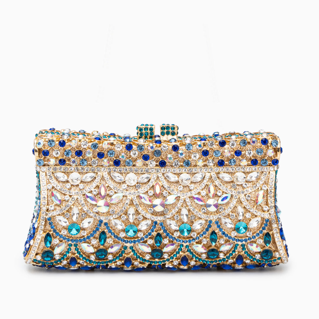 Aubrielle | Kristallverzierte Clutch in Gold-Blau mit funkelndem Strass & Ornamentmuster – Abendtasche für Damen