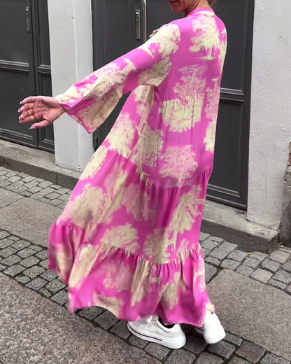 Maxikleid mit Print, Volantärmeln & Stehkragen – Stilvoll & Luftig