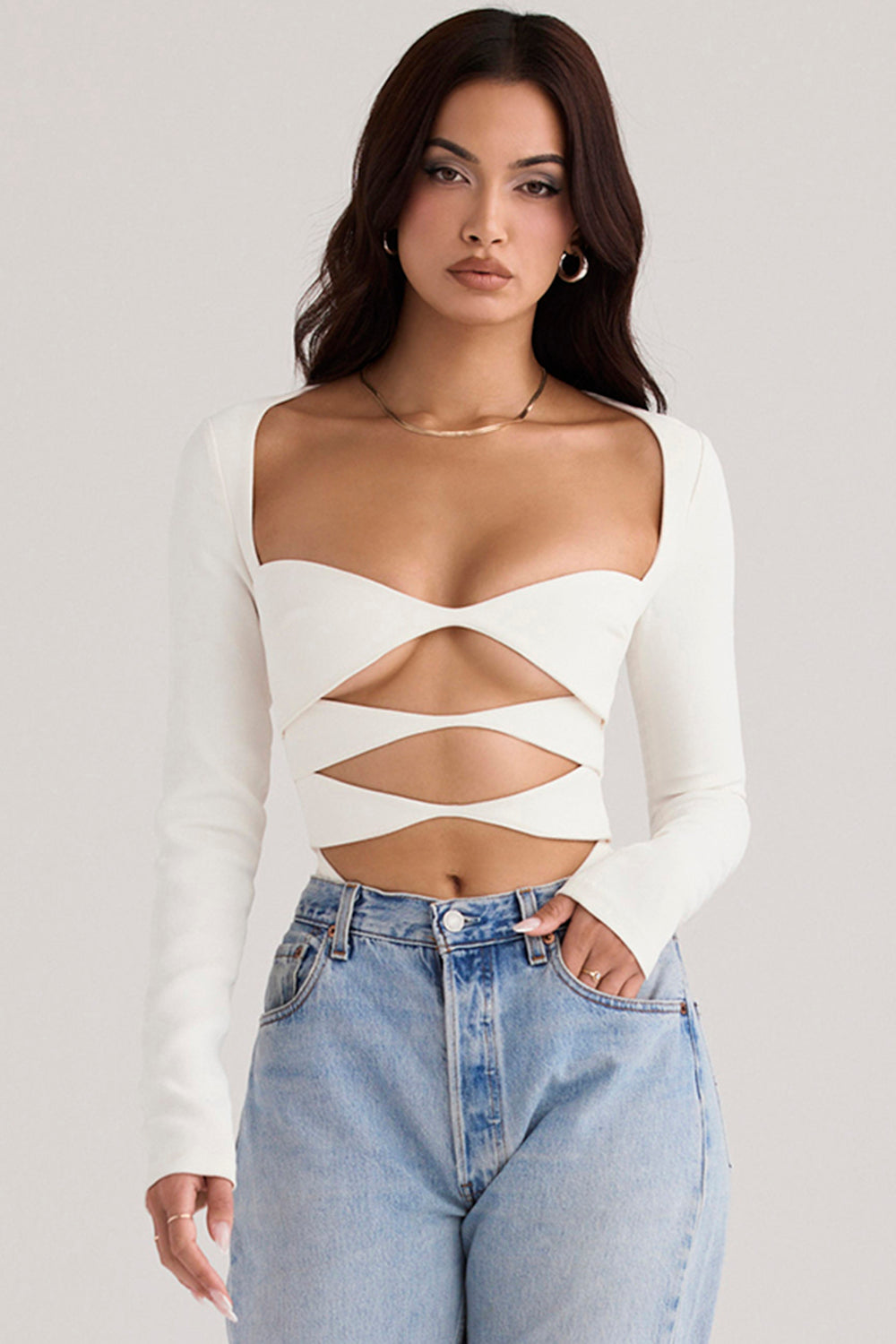Margot | Chic Weiß Ausschnitt Langarm Crop Top für Trendy Frauen