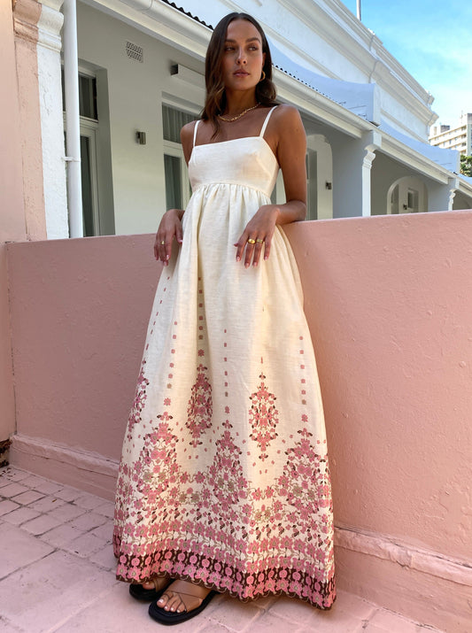 Boho Maxikleid mit Stickerei und Spaghettiträgern für Damen