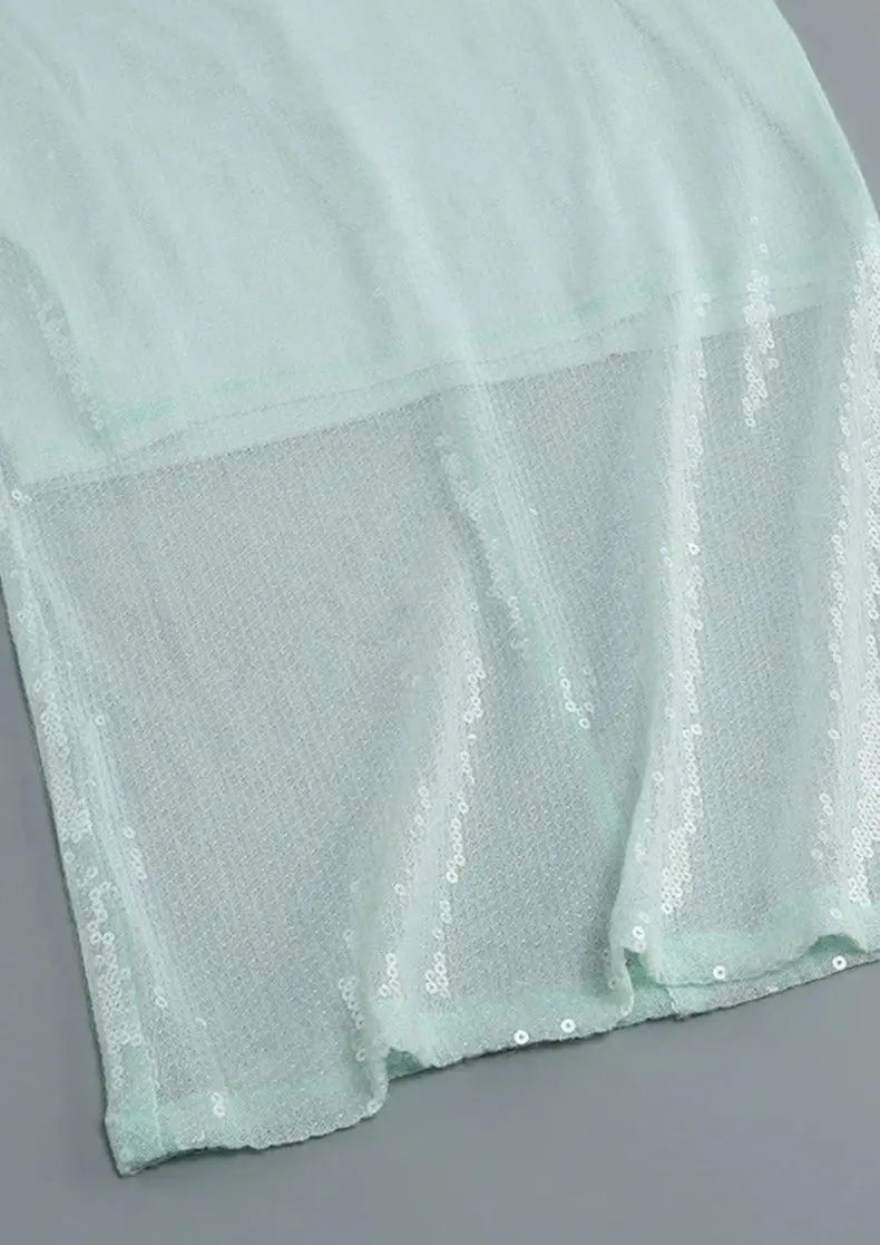 Maya | Spitze Front Langen Ärmeln Mintgrünes Glitzer Kleid Damen