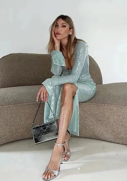 Maya | Spitze Front Langen Ärmeln Mintgrünes Glitzer Kleid Damen