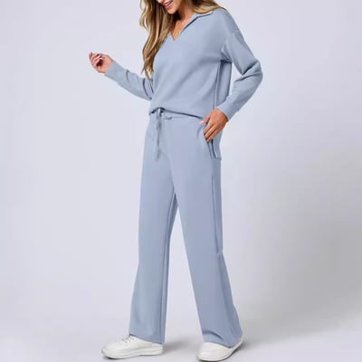 Damen Zweiteiler mit Kragenpullover und weitem Hosen-Set