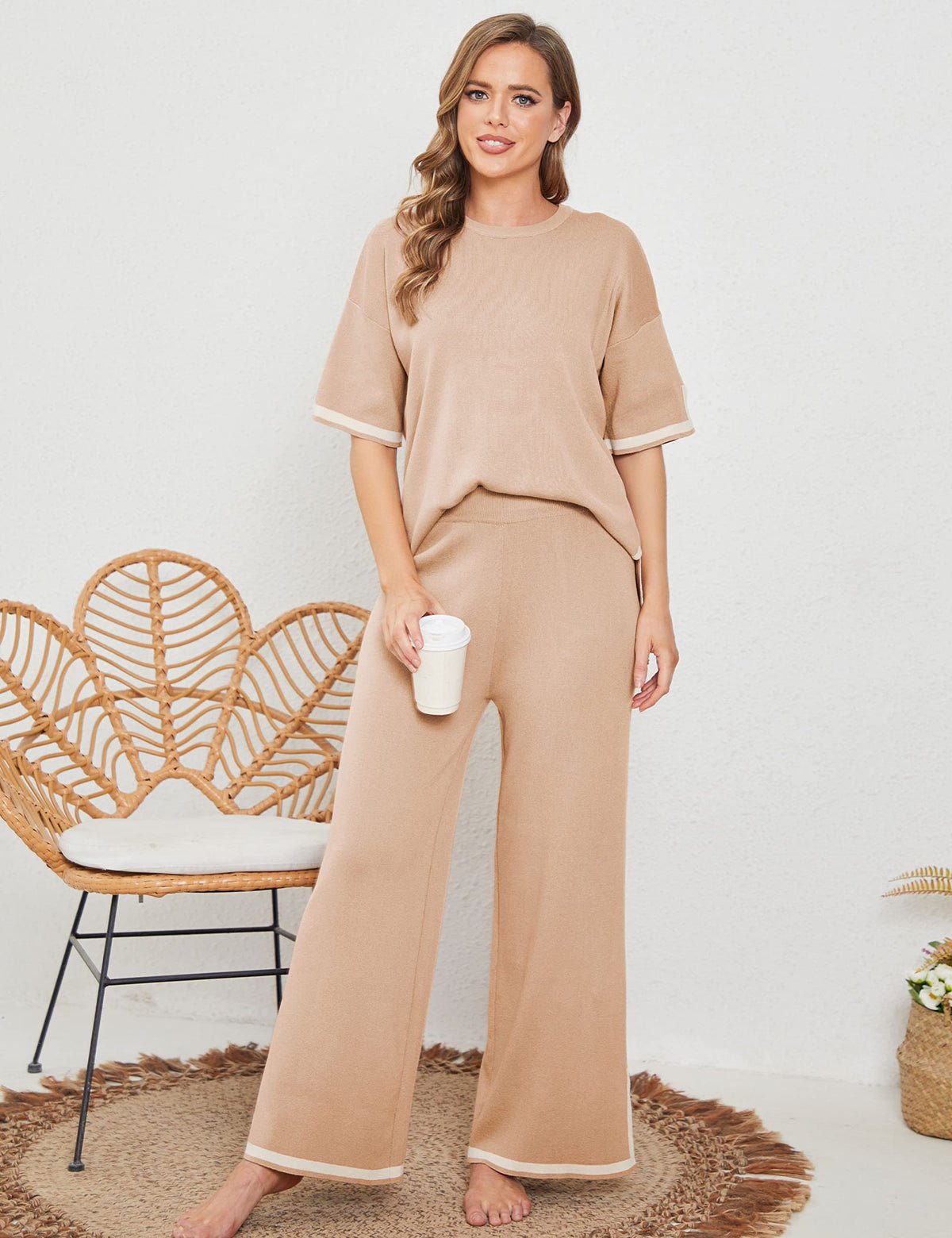 Eleganter Zweiteiler mit Kurzarm Oberteil & Weitbein Hose – Komfortabler Freizeit Look