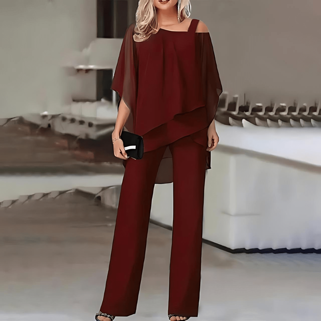 Damen Abend Zweiteiler mit asymmetrischem Chiffon-Top und eleganter Hose
